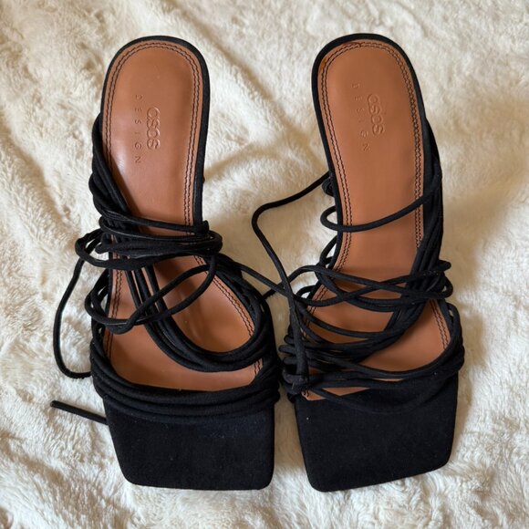 Black Strappy Lace Up Tie Wide Fit Heels - Picture 3 of 9